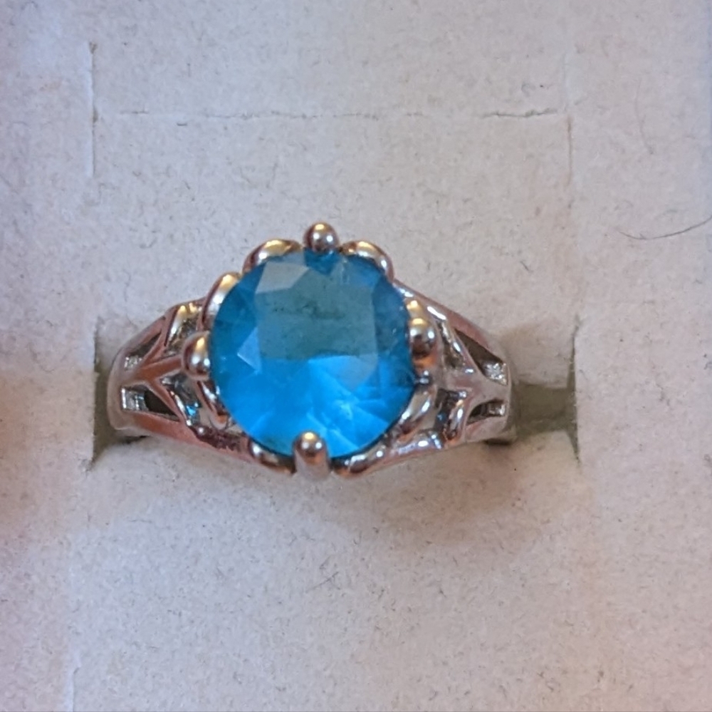 Blue Topaz Style Round Cut Ring | Silver Tone | Statement Cocktail Ring, T2B1M
